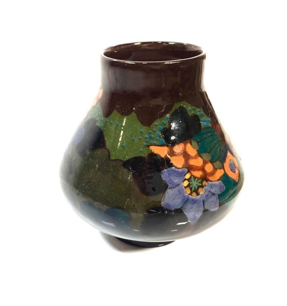 Antique High Glaze Gouda Pottery Art Deco Butterfly Vase / Dutch / Blue / Green photo furniture