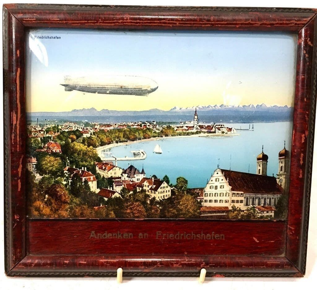 Antique Reverse Glass Painting German City Friedrichshafen With Zeppelin Airship