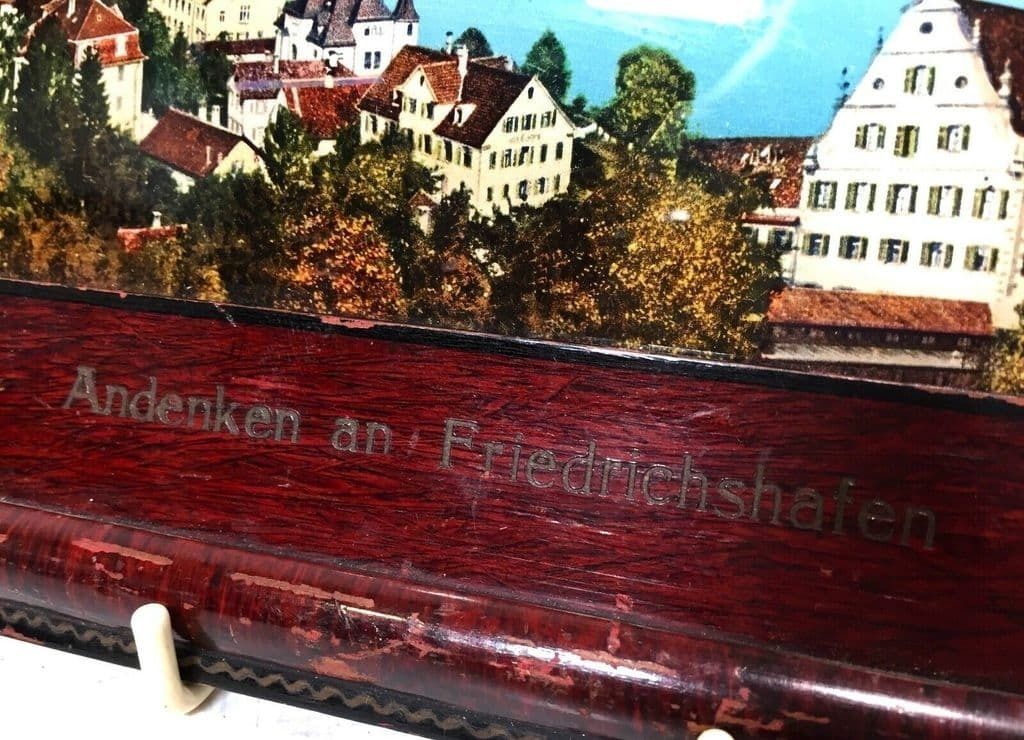 Antique Reverse Glass Painting German City Friedrichshafen With Zeppelin Airship photo furniture