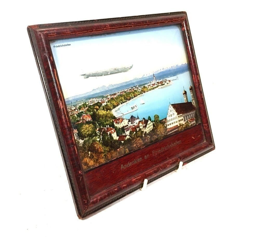 Antique Reverse Glass Painting German City Friedrichshafen With Zeppelin Airship photo Art