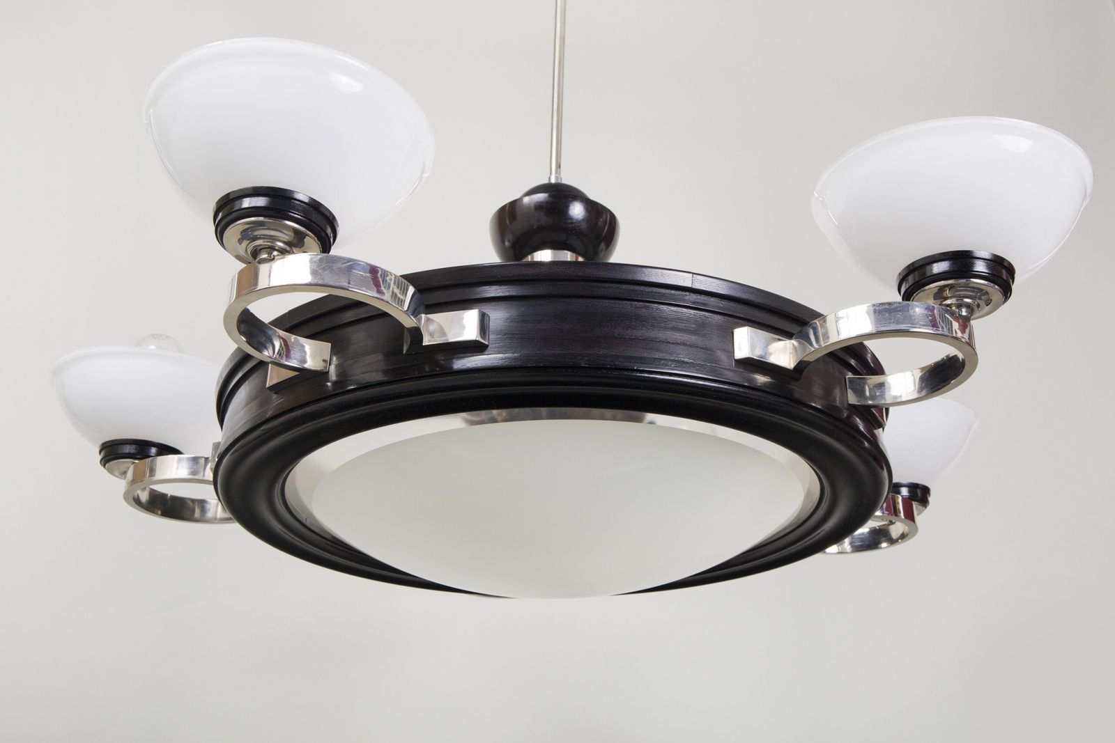 Art Deco Chandelier, Made In Germany In The 1930s. Nickel, Oak And Glass photo Lighting