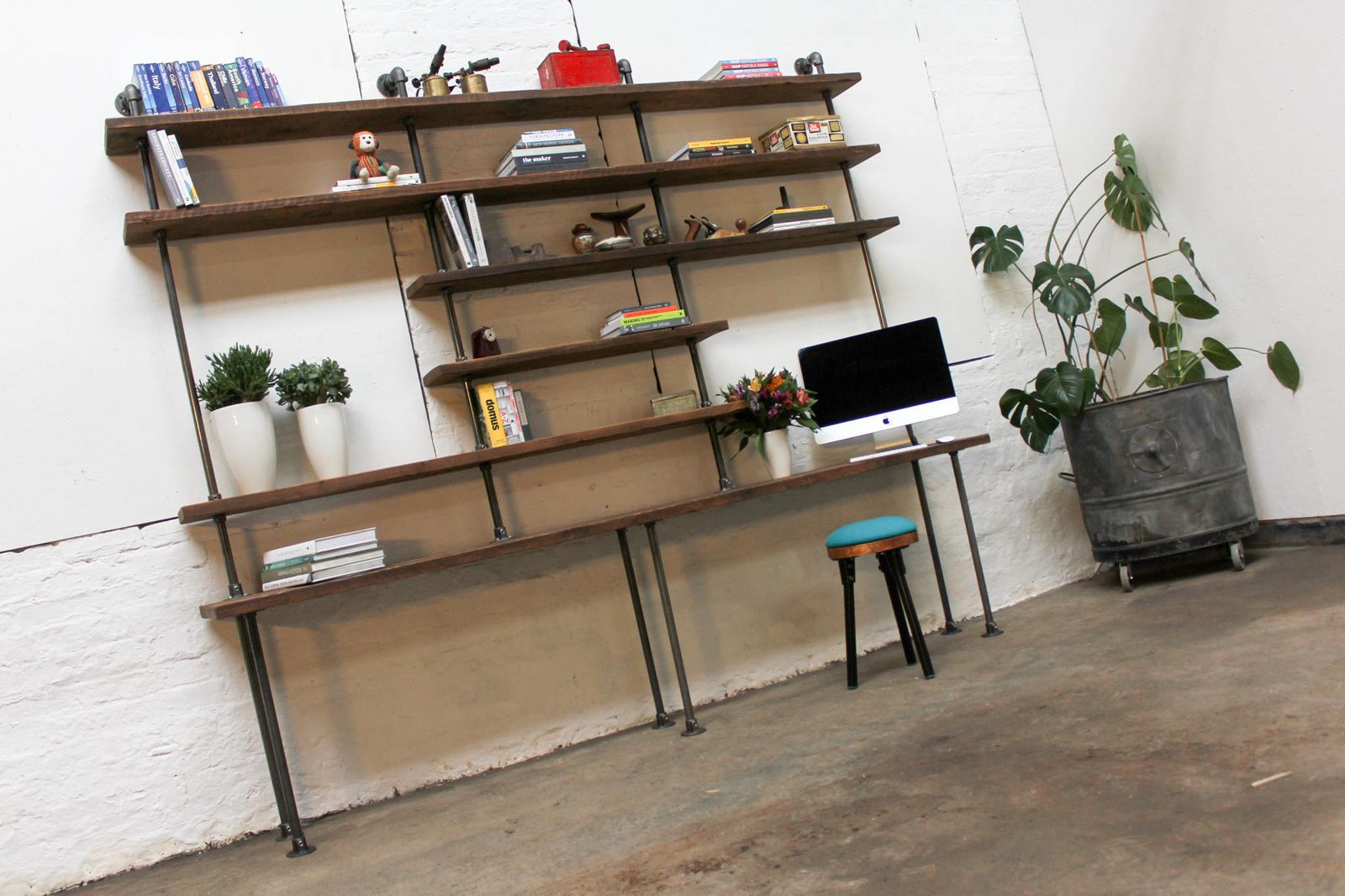 Susannah Bespoke Chestnut Stained Recycled Scaffolding Boards And Dark Steel Pipe Desk And Adjustable Shelves photo vinterior