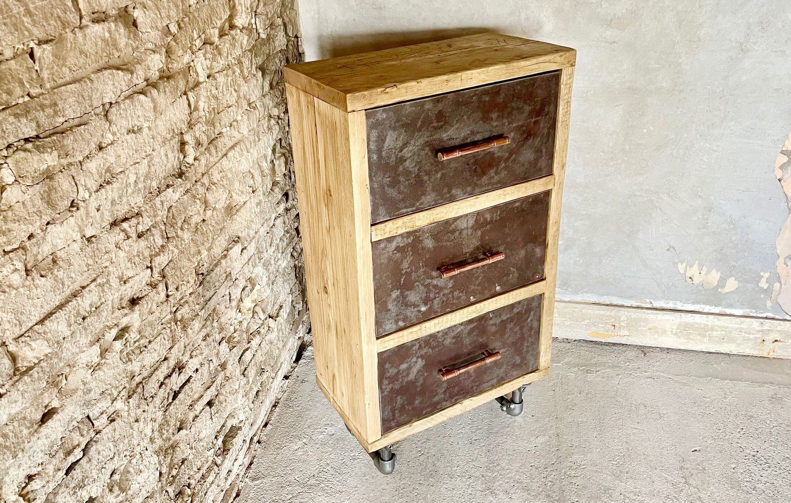 Helder Reclaimed Scaffolding Board And Patinated Steel Drawer Unit On Dark Steel Legs With Aged Copper Handles   Filing, Or Bedside, Cabinet photo 1360.0