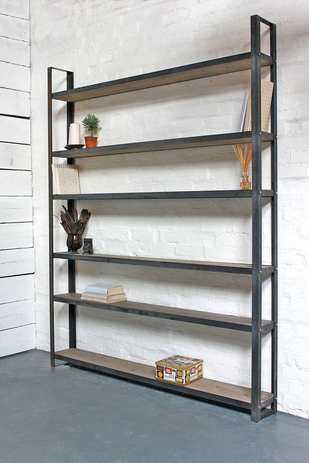 Tom Bespoke Reclaimed Scaffolding Boards And Dark Steel Framed Free Standing Shelves/Bookcase/Storage  Made To Order Industrial Furniture photo for sale
