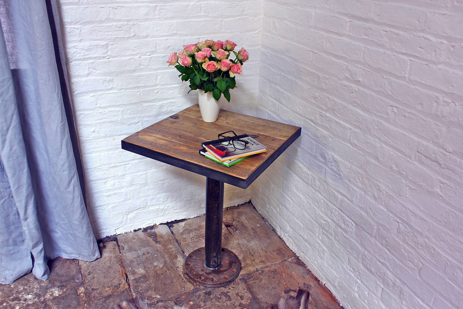 Artus Pedestal Reclaimed Wood Bistro Table With Dark Steel Angle Iron Frame And Distressed Pipe And Heavy Pedestal Base photo furniture