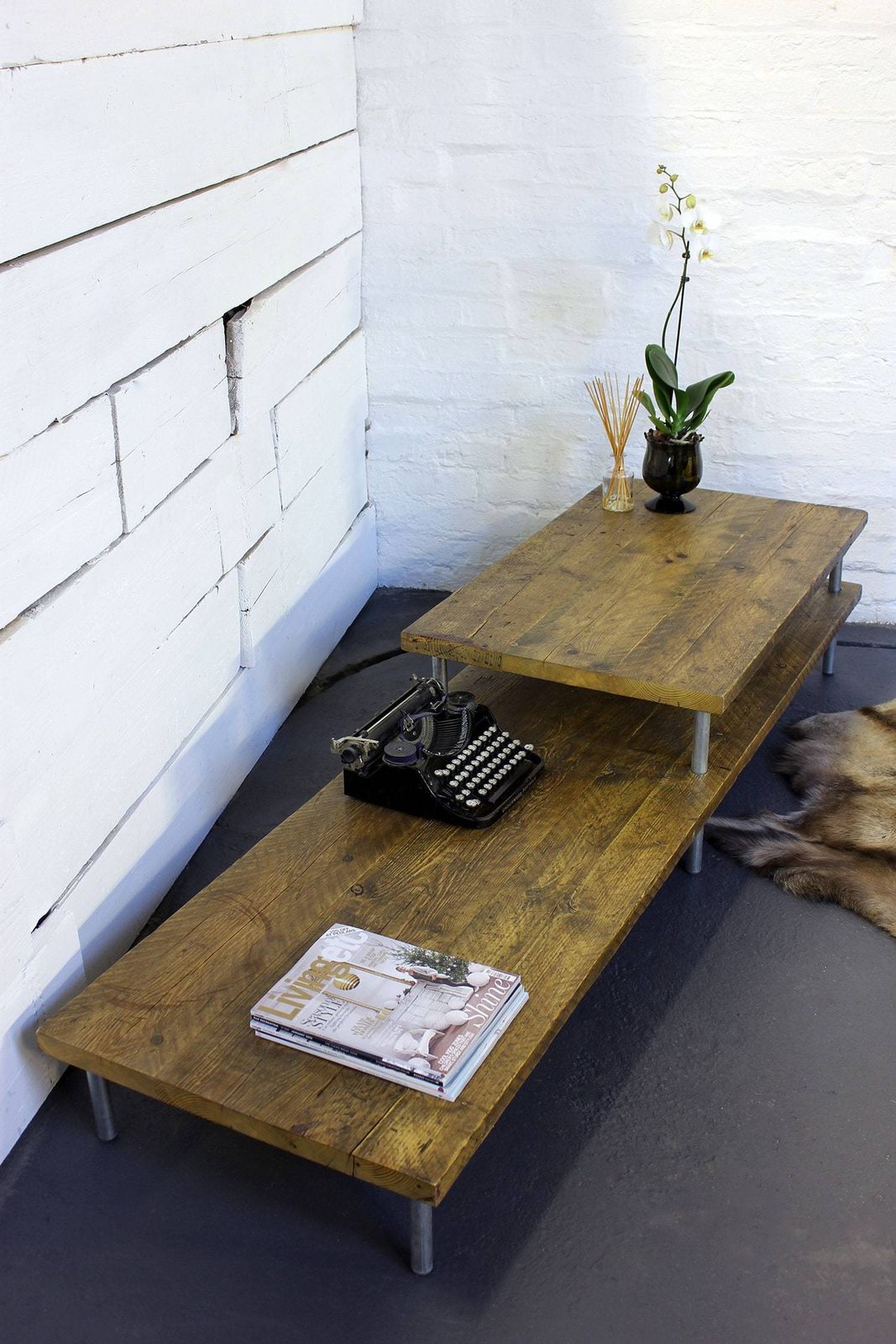 Yumiko Oak Stained Reclaimed Scaffolding Layered Height Coffee Table With Galvanised Pipe Legs photo Furniture
