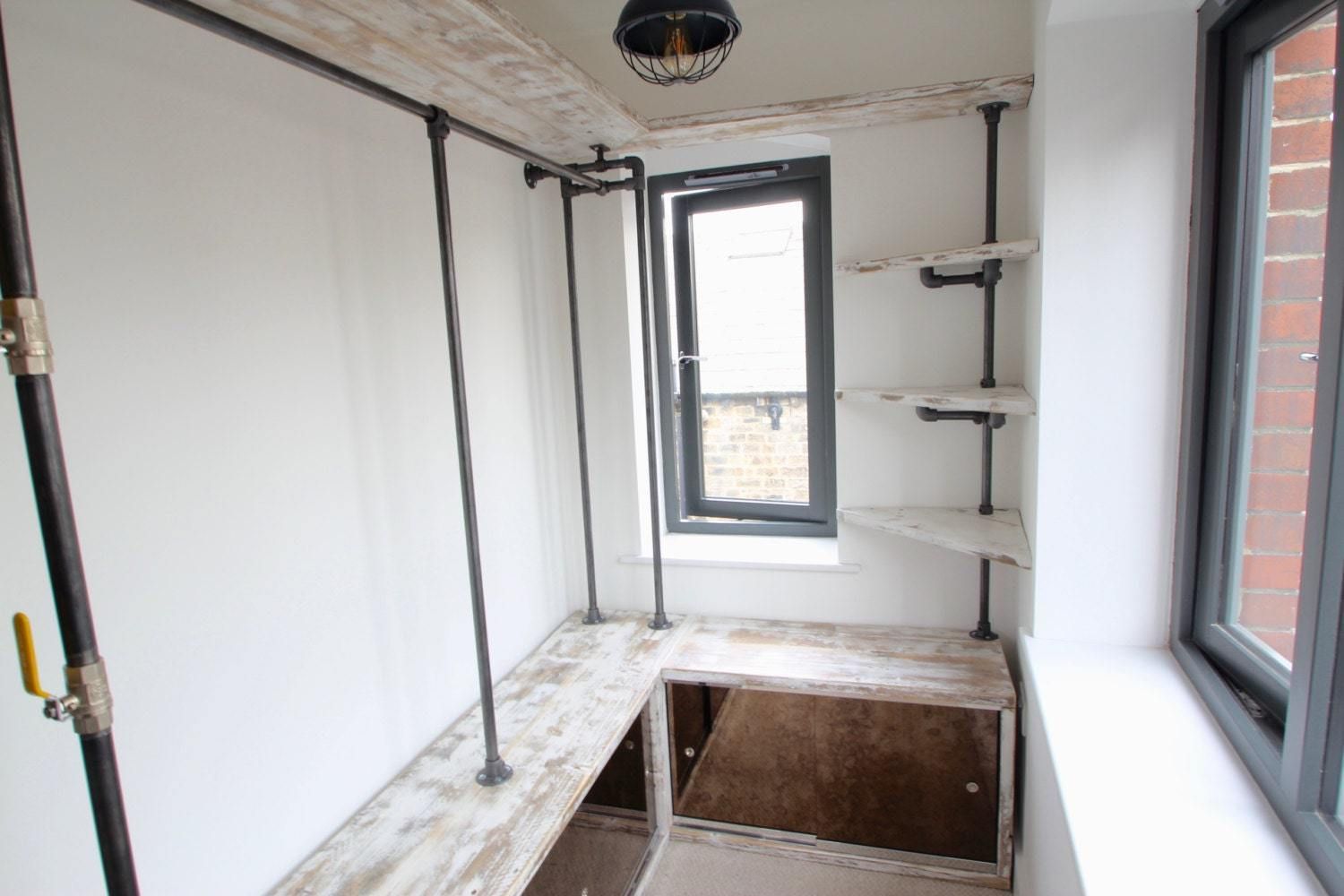 Eli White Washed (And Sanded) Reclaimed Scaffolding Board And Dark Steel Pipe Dressing Room System With Antique Mirror Sliding Doors photo 4895.0