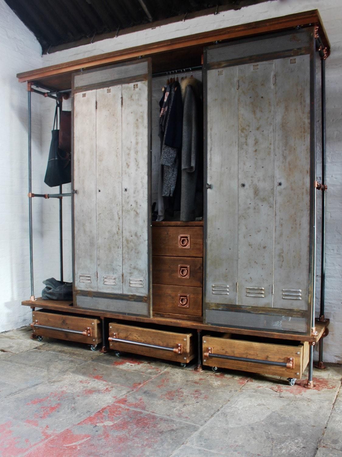 David Chestnut Stained Reclaimed Scaffolding Board, Dark Steel Pipe And Copper Fittings Open Wardrobe/Closet, Vintage Locker Sliding Doors