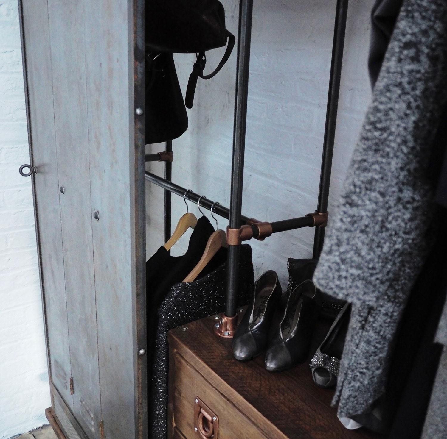 David Chestnut Stained Reclaimed Scaffolding Board, Dark Steel Pipe And Copper Fittings Open Wardrobe/Closet, Vintage Locker Sliding Doors photo for sale