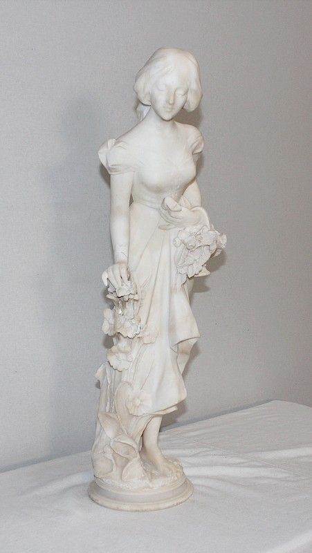 Large Alabaster Sculpture "Young Girl With Flowers", 1900 photo furniture