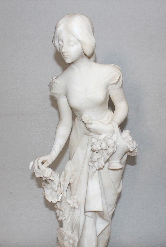 Large Alabaster Sculpture "Young Girl With Flowers", 1900 photo Art