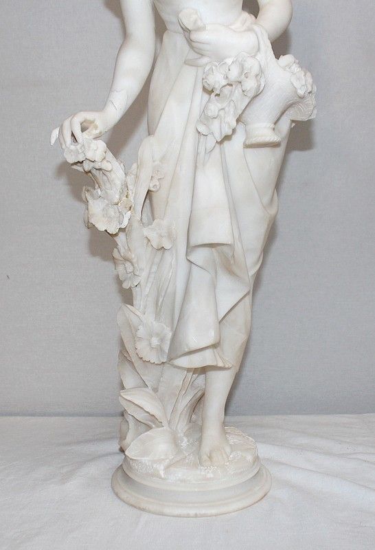 Large Alabaster Sculpture "Young Girl With Flowers", 1900 photo vinterior