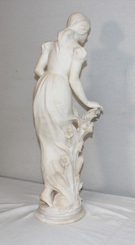 photo furniture Large Alabaster Sculpture "Young Girl With Flowers", 1900