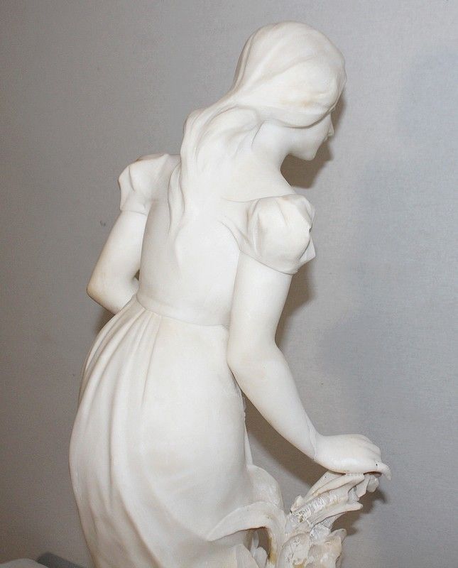 photo for sale Large Alabaster Sculpture "Young Girl With Flowers", 1900