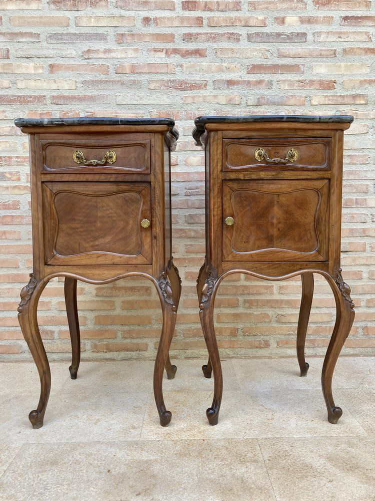 Louis XV Style Walnut Nightstands With Marble Top, 1930s, Set Of 2