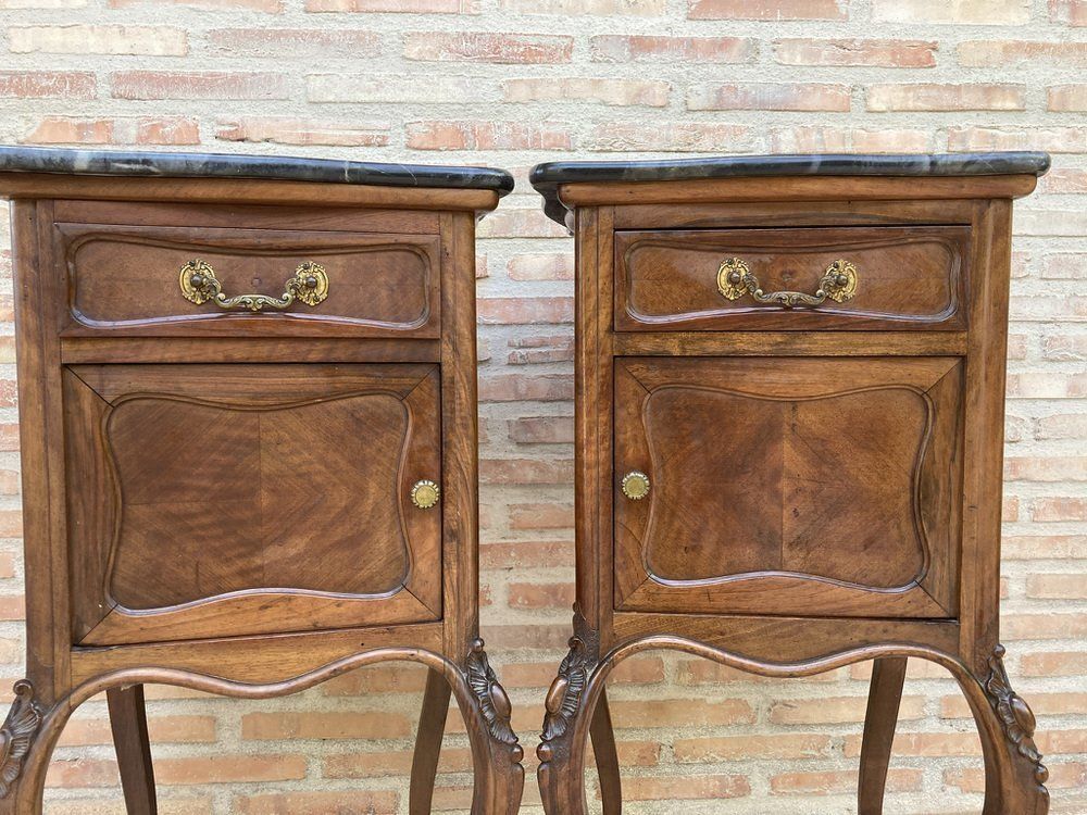 Louis XV Style Walnut Nightstands With Marble Top, 1930s, Set Of 2 photo for sale