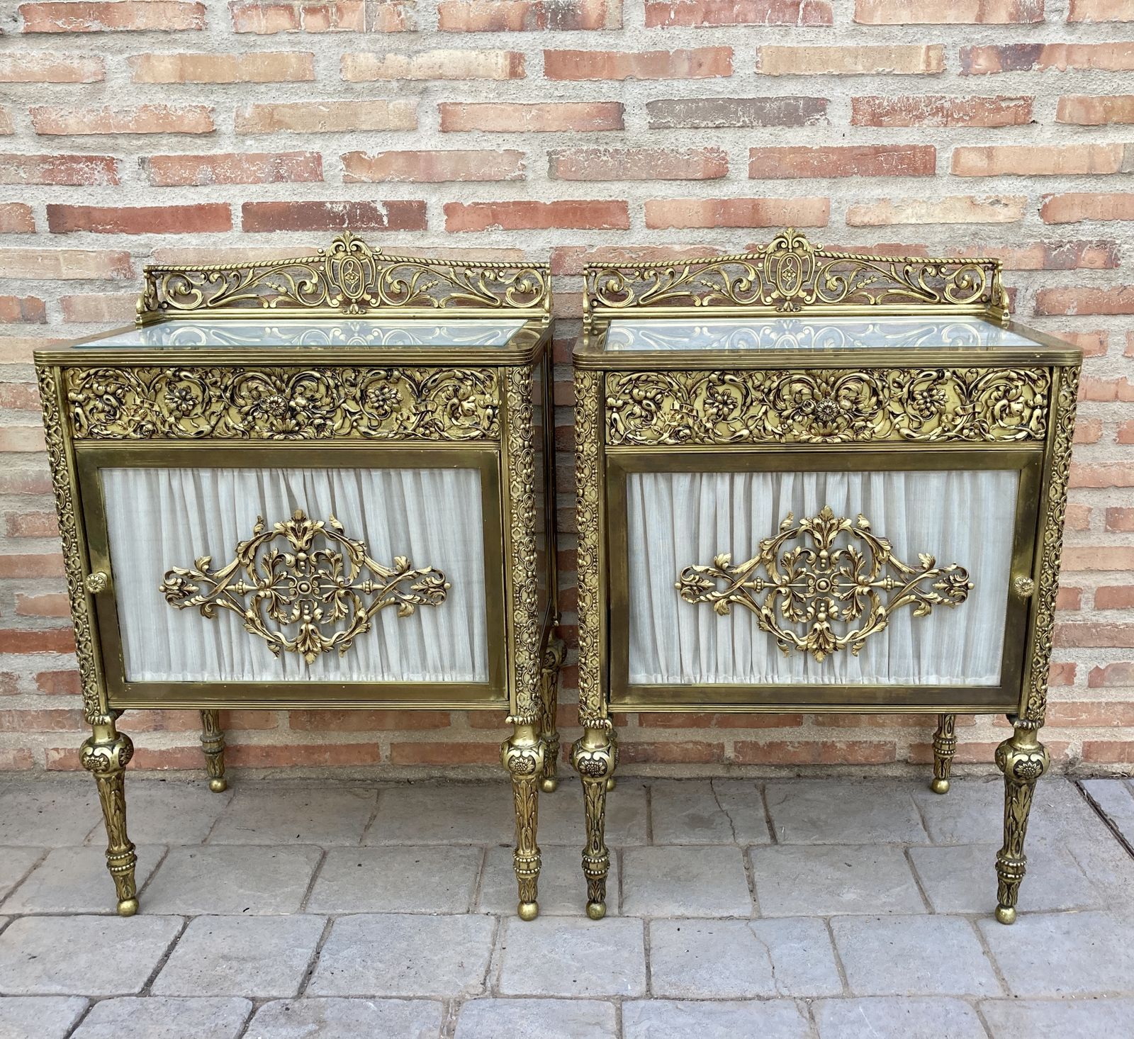 Pair Of 19th Century Belle époque French Bronze Vitrine Nightstands With Glass Doors And Brass Drawers photo for sale