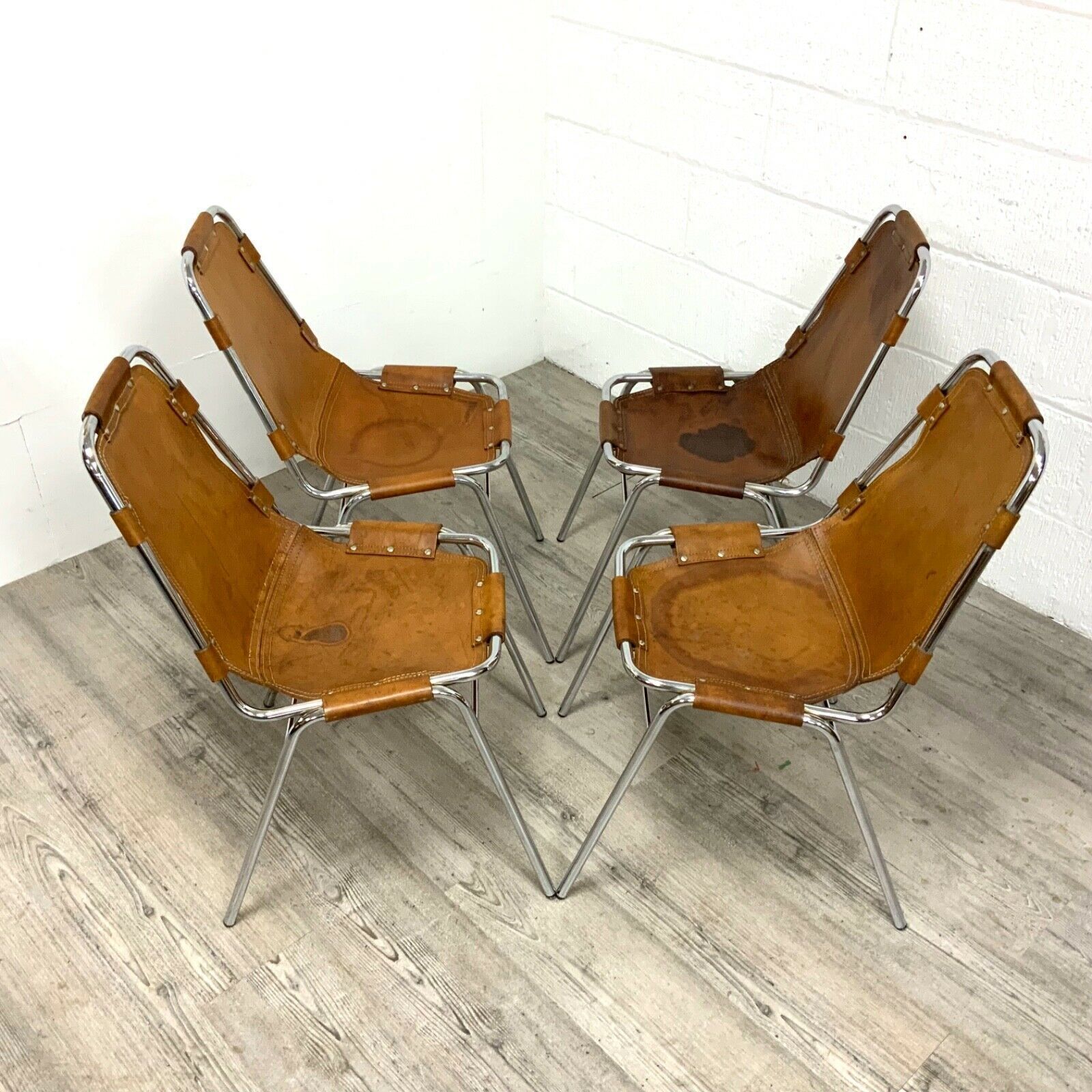 Les Arcs Dining Chairs Charlotte Perriand Leather Set Of Four Cassina 1970s photo for sale