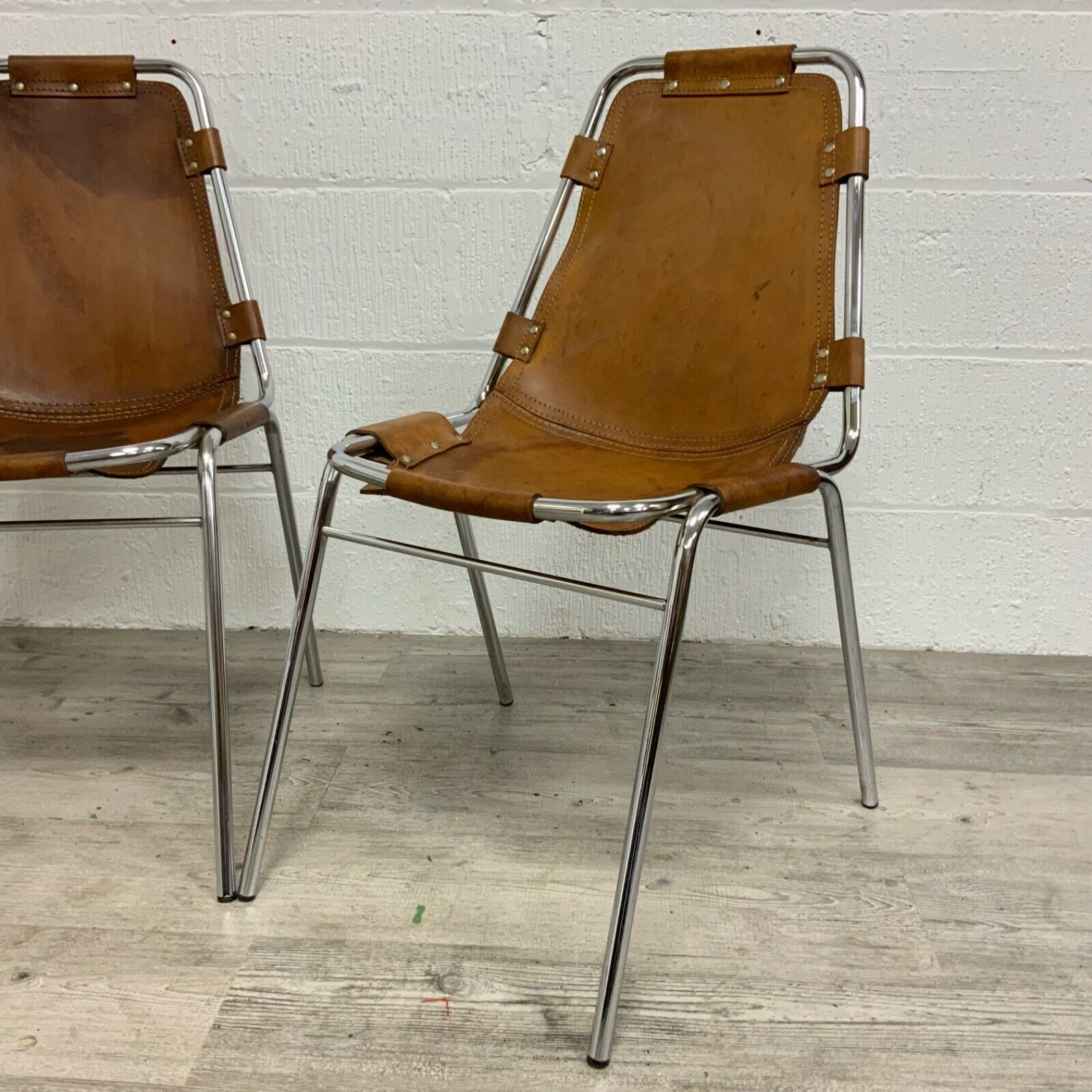 photo for sale Les Arcs Dining Chairs Charlotte Perriand Leather Set Of Four Cassina 1970s