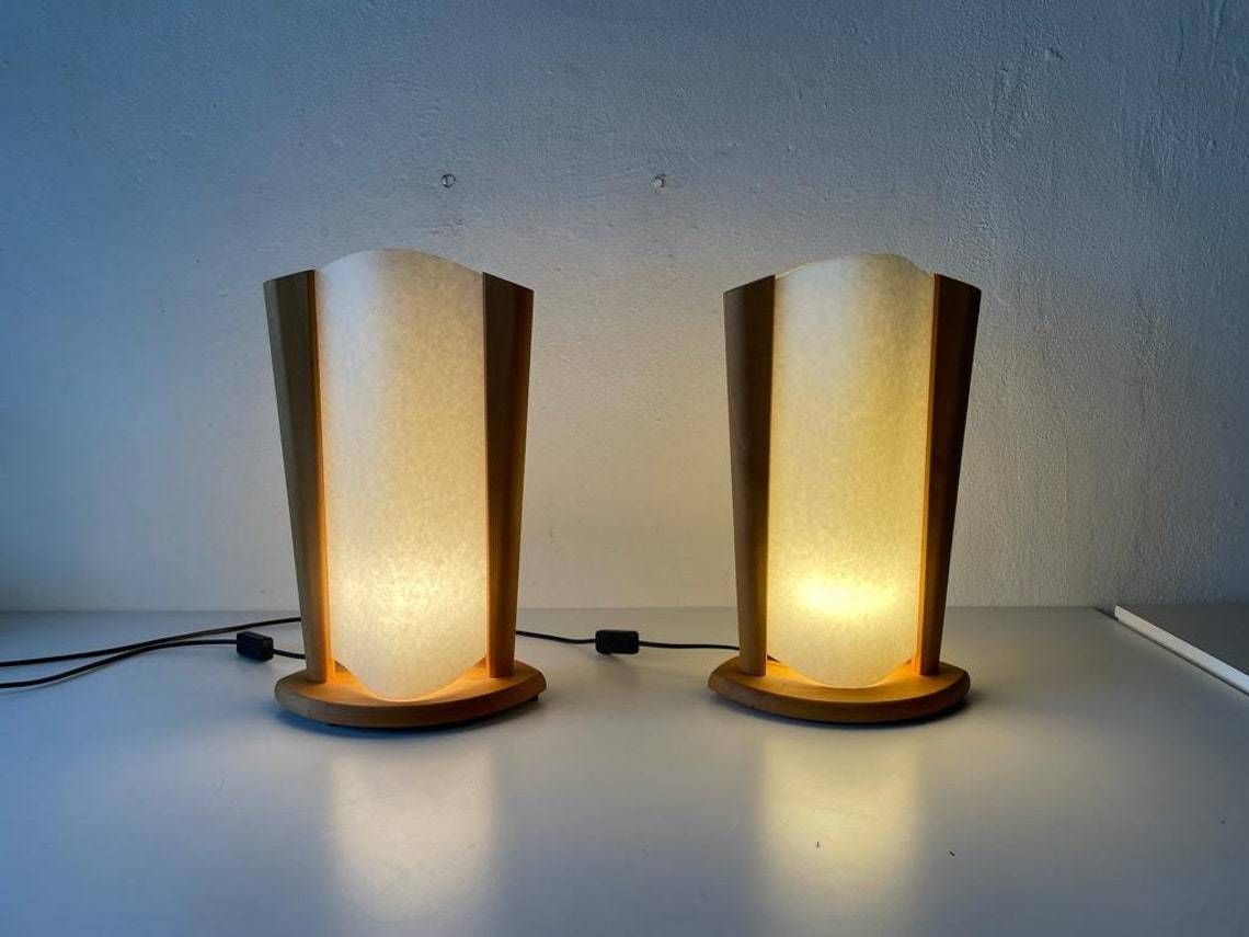 Plastic Paper And Wood Frame Pair Of Table Lamps By Domus 1980s Italy photo furniture