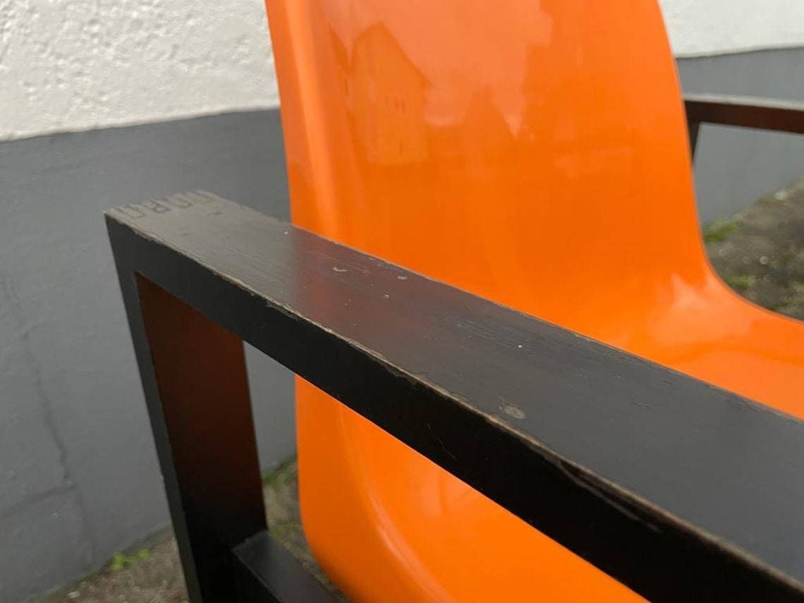 photo for sale Titlespace Age Orange Plastic Seat And Wood Frame Pair Of Chairs By Möbel Mann 1960s Germany