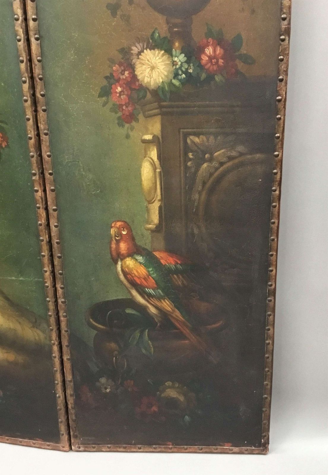 C19th Painted Leather Three Fold Screen; photo vintage