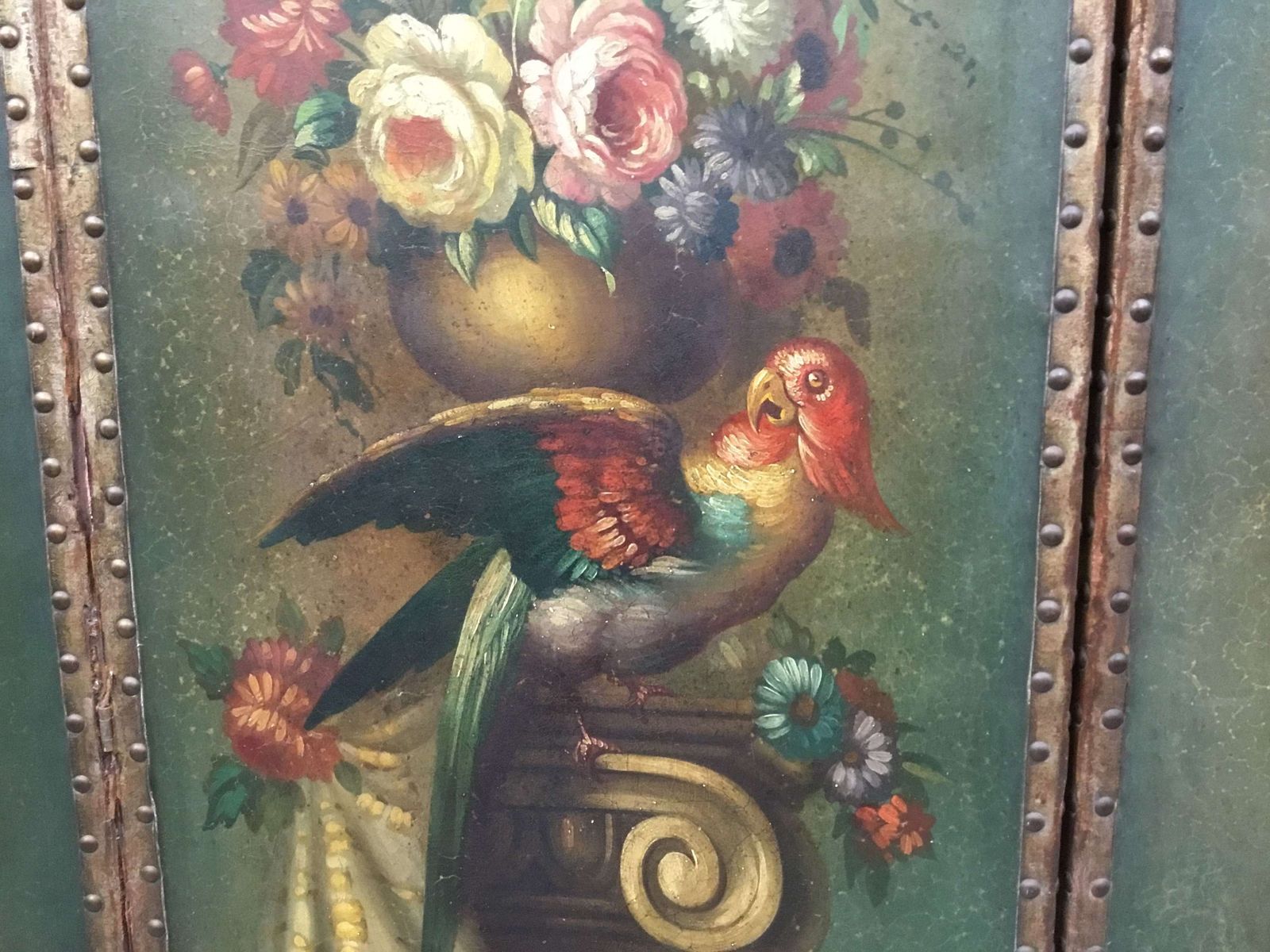 photo furniture C19th Painted Leather Three Fold Screen;