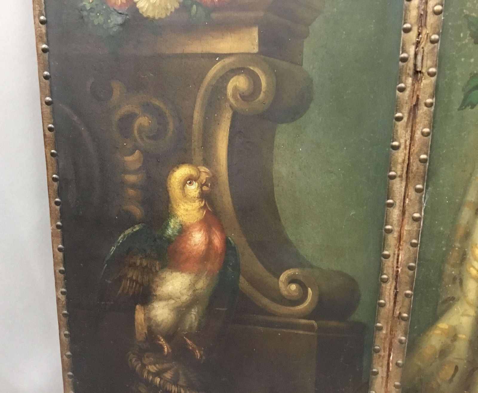 photo for sale C19th Painted Leather Three Fold Screen;