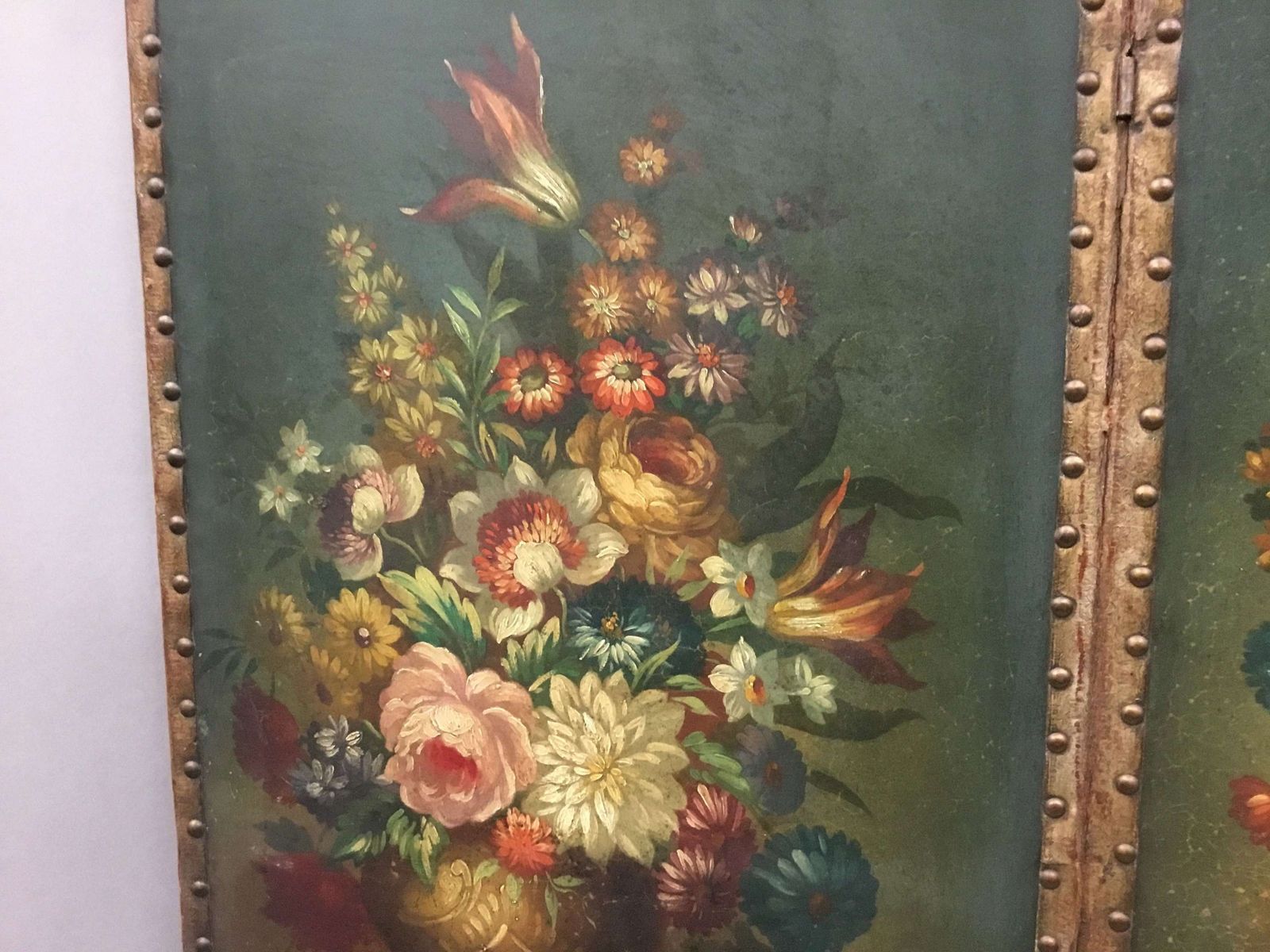 3190.0 C19th Painted Leather Three Fold Screen; photo