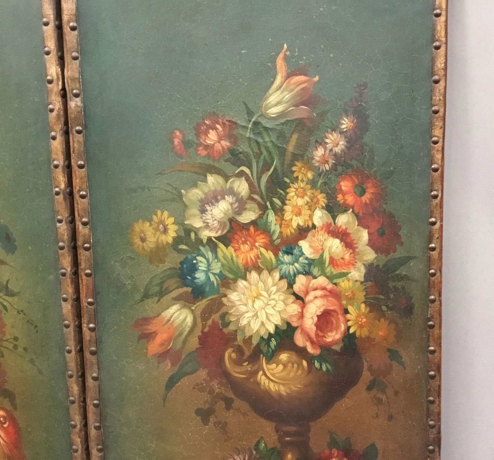 photo vinterior C19th Painted Leather Three Fold Screen;
