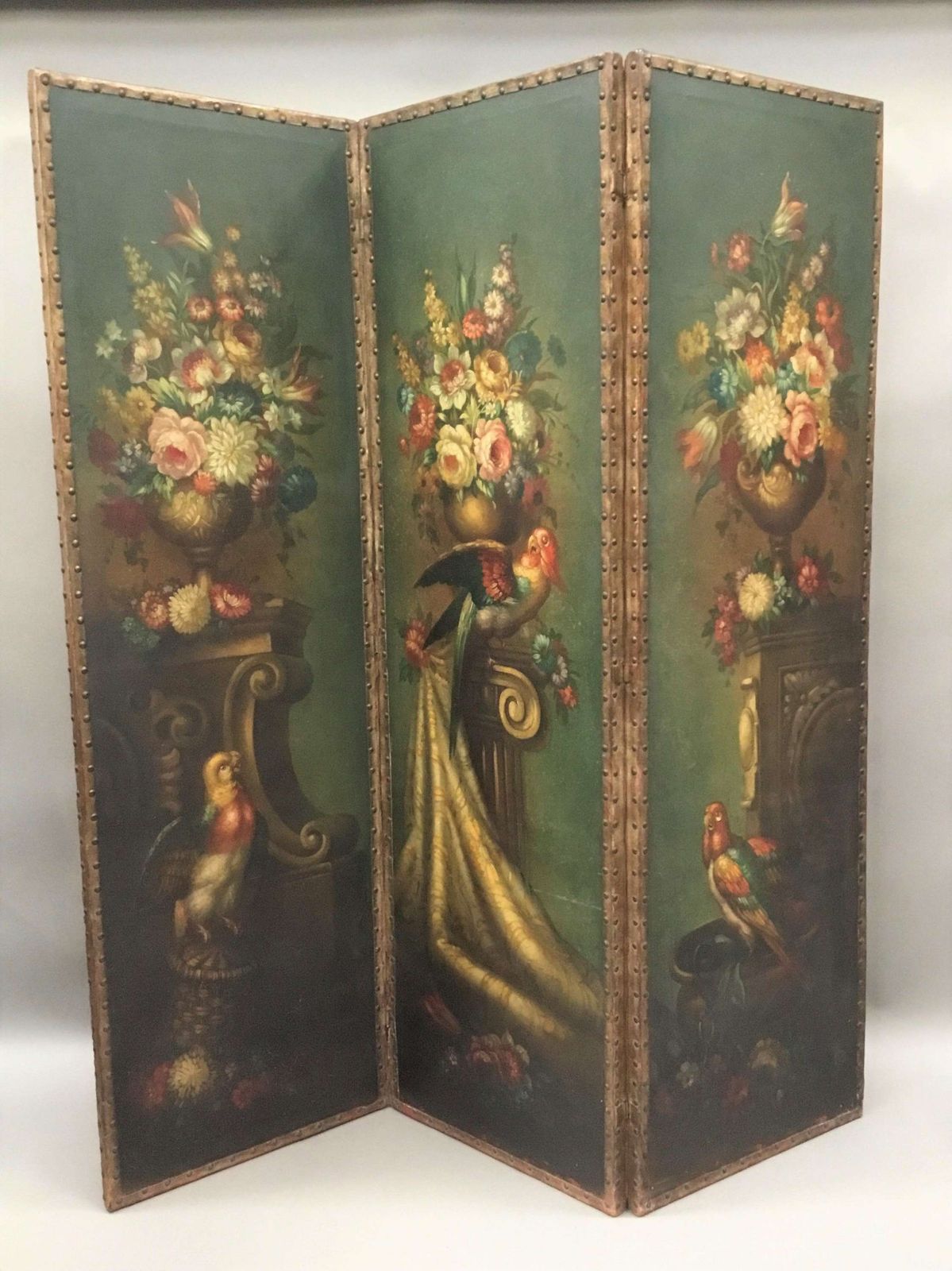photo vintage C19th Painted Leather Three Fold Screen;