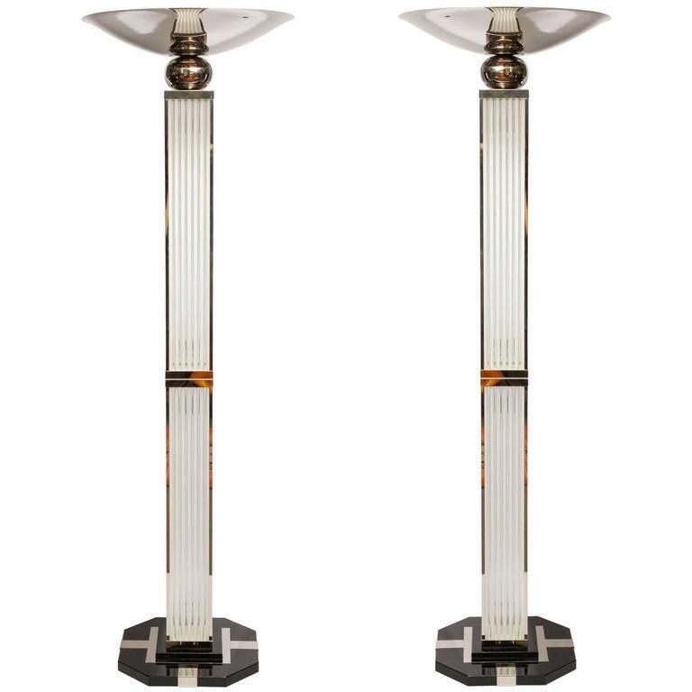 Pair Of Glass And Metal Art Deco Torchers In The Spirit Of Petitot 1930s