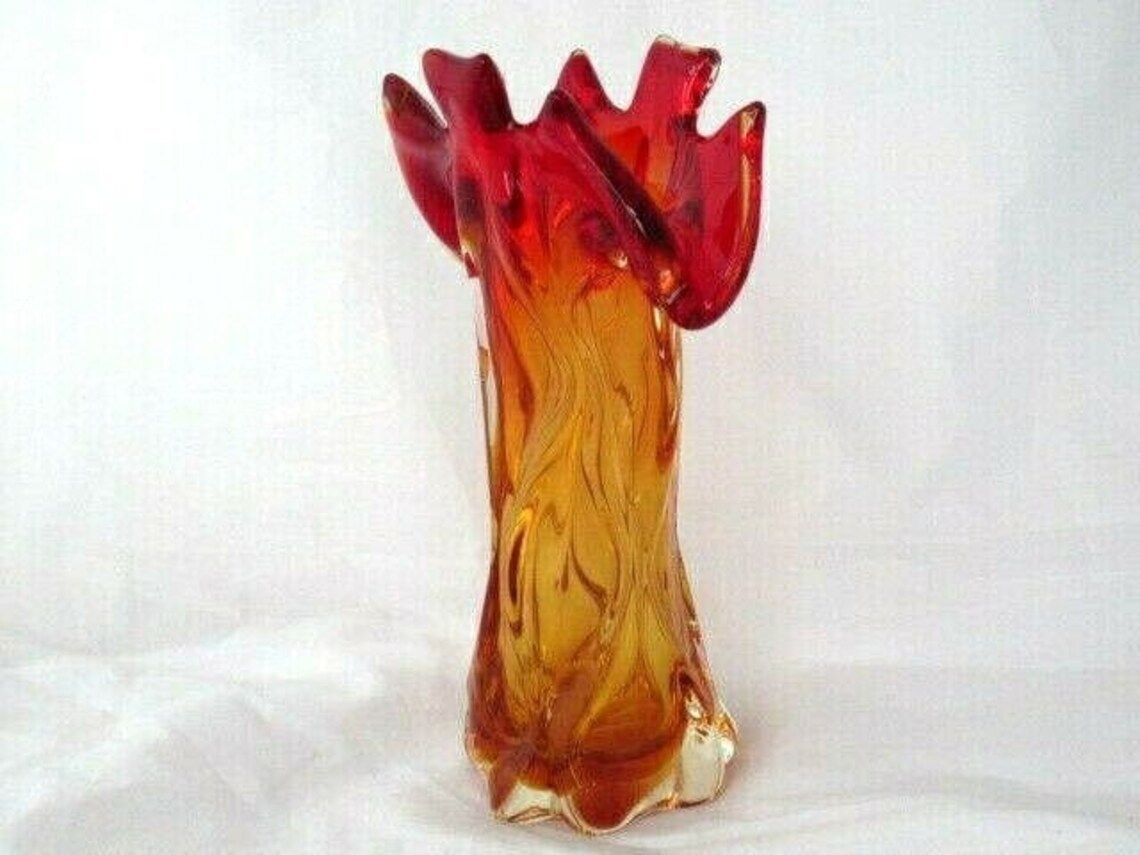 Urano Abstract Art Glass Palm Tree Vase Red Amberina Gold Italy C50s Vintage photo buy