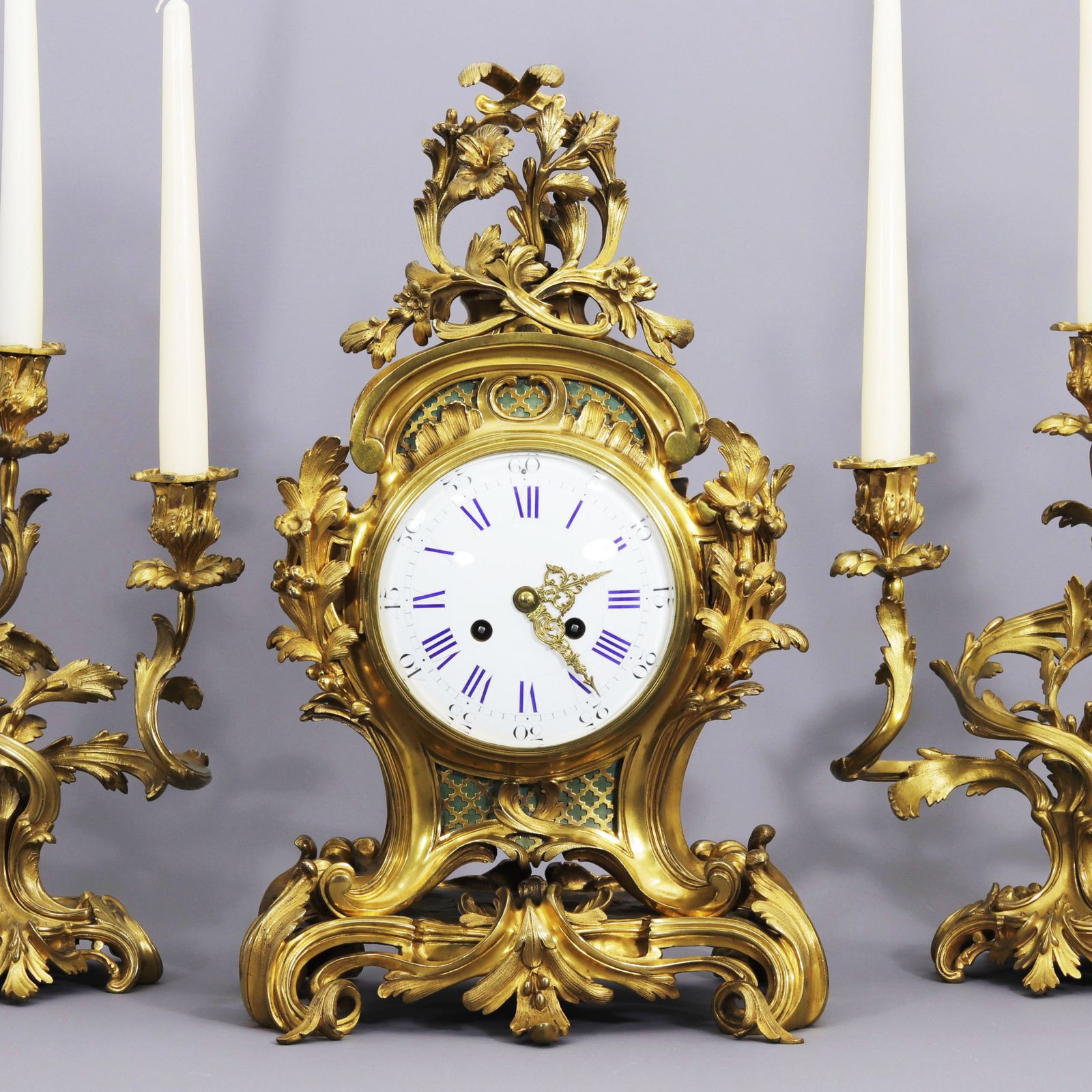 French Gilt Bronze Striking Mantel Clock With Garniture By Vincenti & Cie C.1860