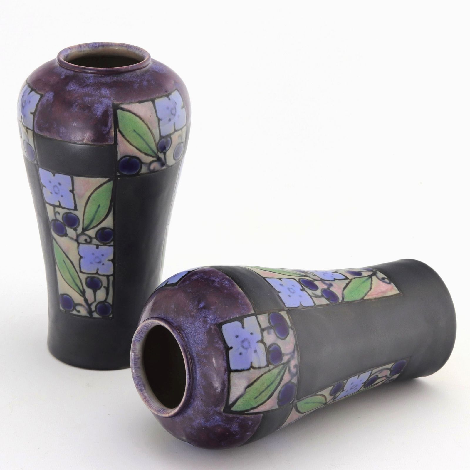 Pair Of Royal Doulton Art Deco Stoneware Vases By Florrie Jones C1920 photo Home Decor