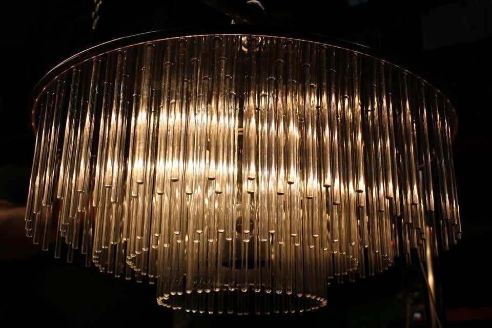photo for sale Sciolari Round Brass And Steel Minimal Chandelier Italian Design Crystall, 1960