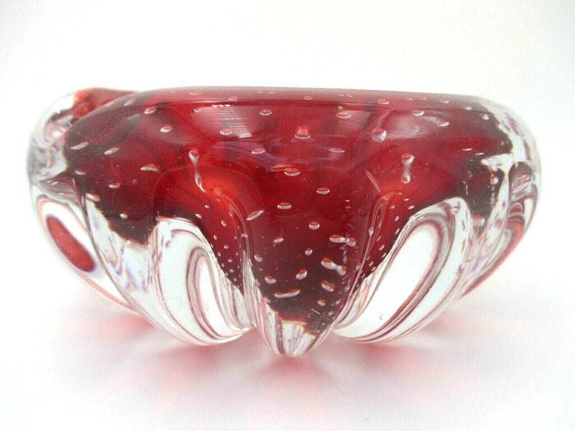 Flying Saucer Volante 60s Art Glass Murano Sommerso Bowl Red Bullicante Ribbed photo 60.0