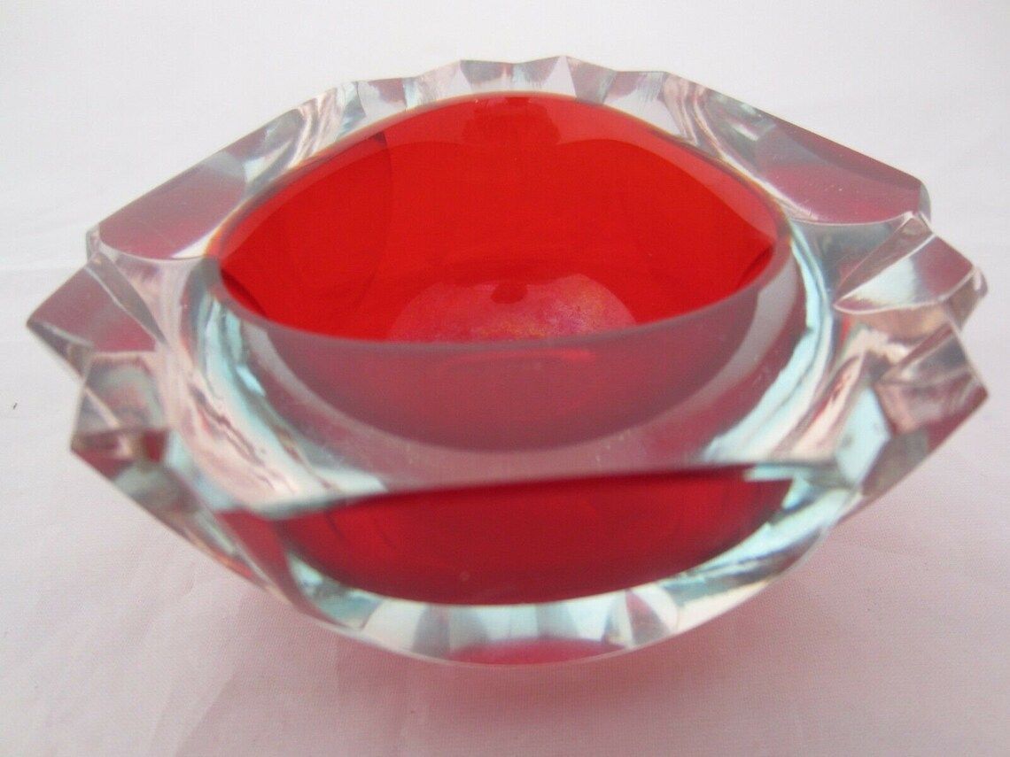 Murano Poli Seguso Era Red In Blue Faceted Sommerso Art Glass Geode Bowl photo for sale