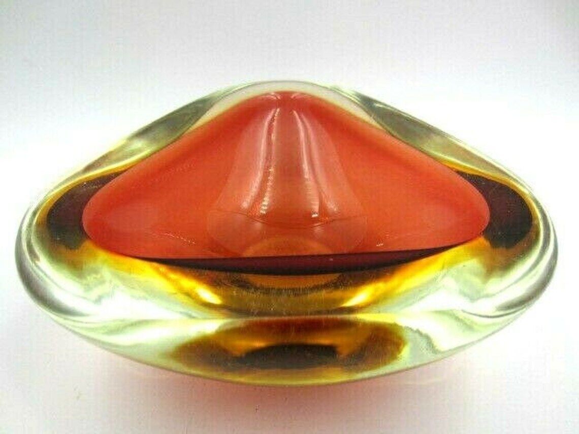 Murano Poli Seguso Era Xl Amber / Amber Art Glass Mid Century Tricorn Geode Bowl