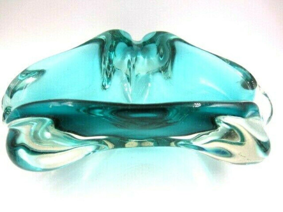 Freeform Stunning Teal Blue Murano Sommerso Lobed Triangle Art Glass Bowl photo furniture