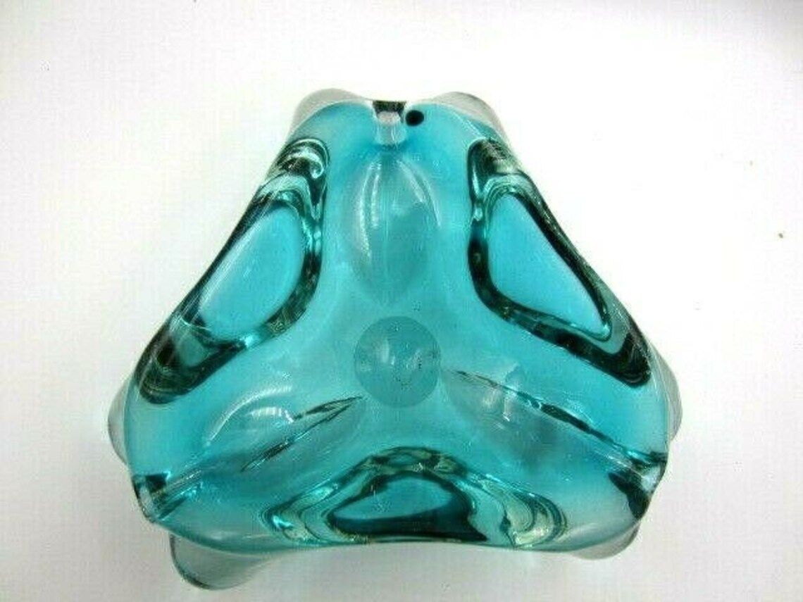 Freeform Stunning Teal Blue Murano Sommerso Lobed Triangle Art Glass Bowl photo Home Decor