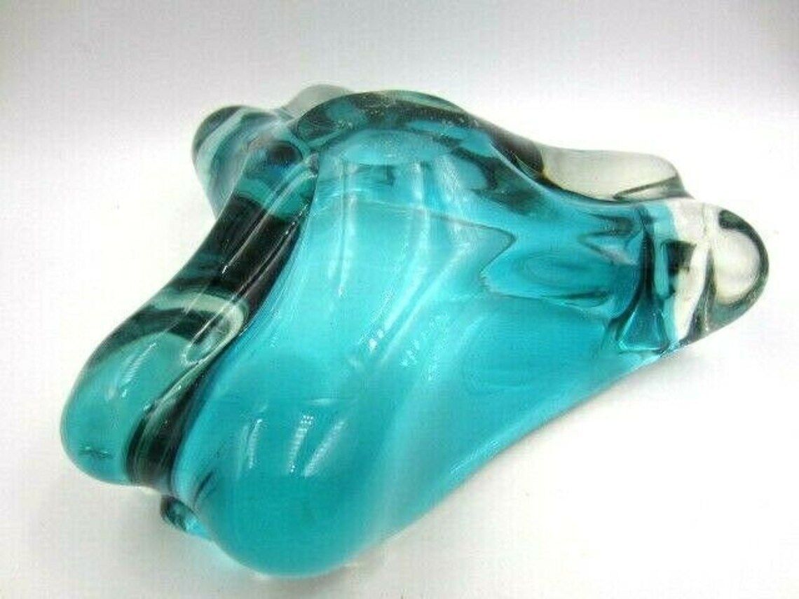 Freeform Stunning Teal Blue Murano Sommerso Lobed Triangle Art Glass Bowl photo 71.99