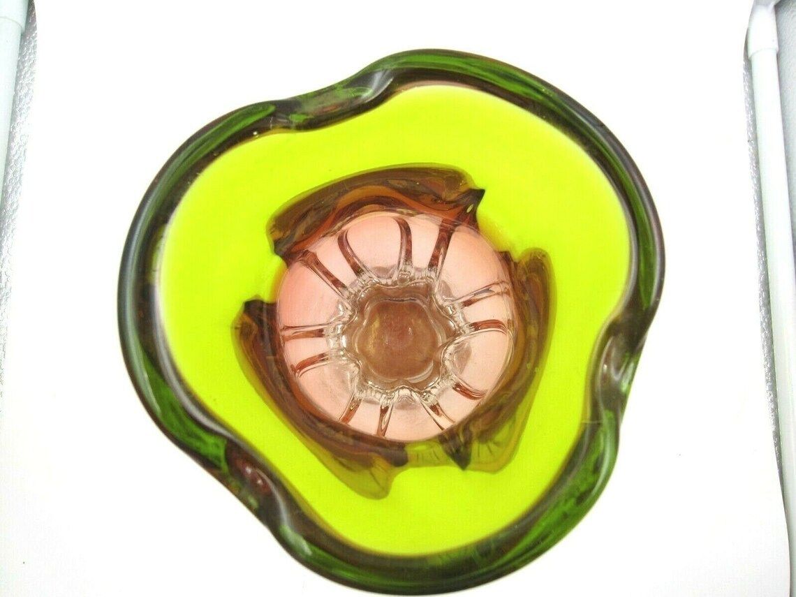 Beautiful Chribska Sommerso Style Art Glass Tulip Vase Vibrant Green And Orange photo Home Decor