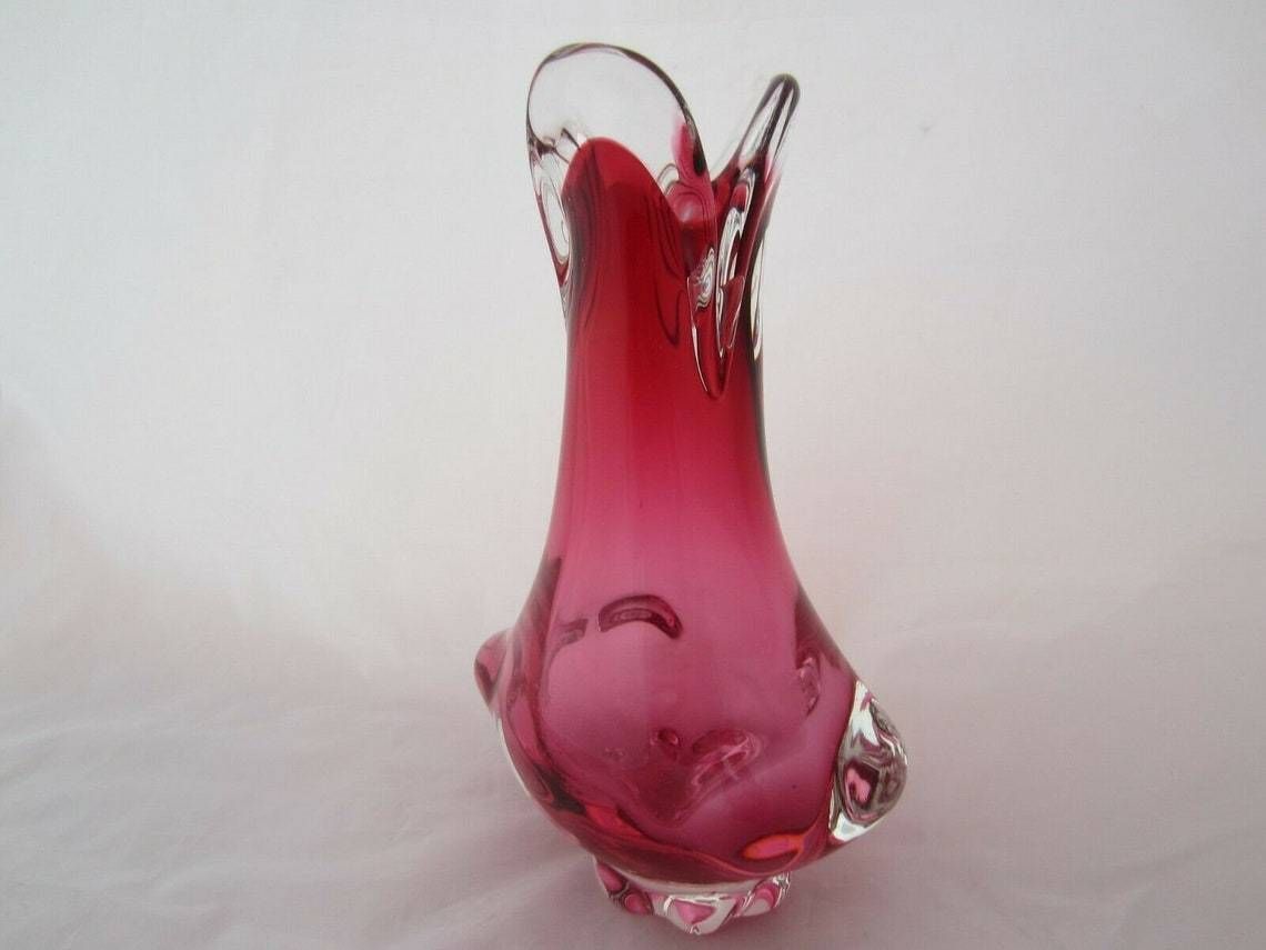 Beautiful Chribska Flower Mouth Pink Sommerso Art Glass Vase photo Home Decor