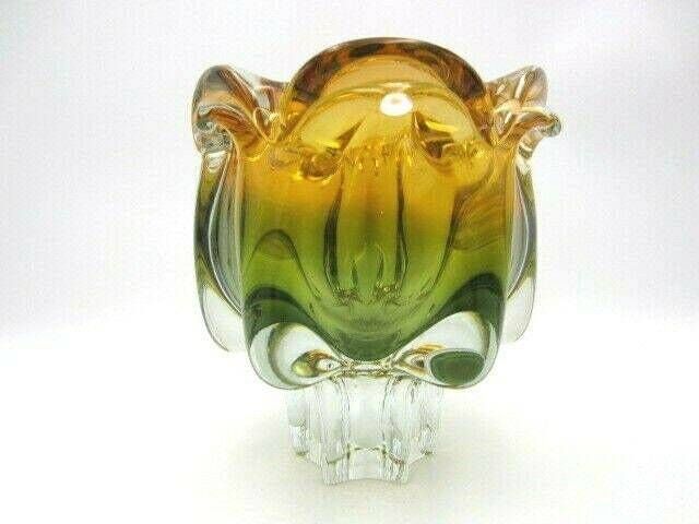 Sommerso Chribska Xxl Organic Footed Round Orange And Green Art Glass Bowl