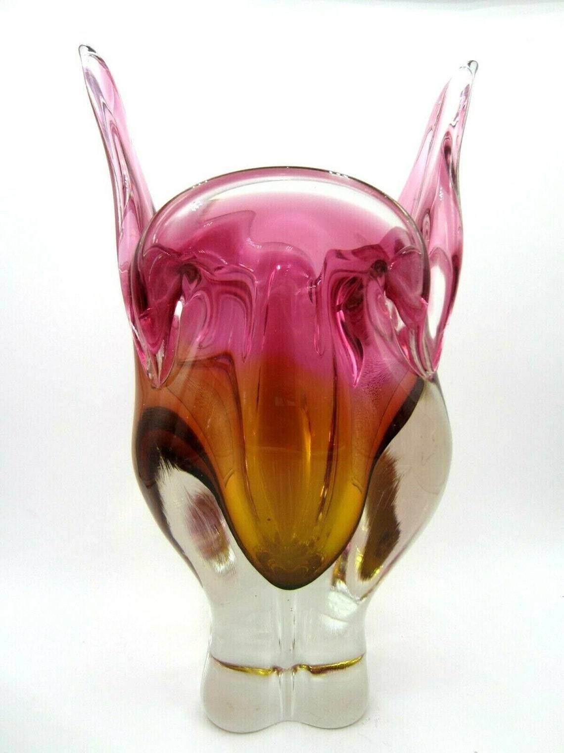 Mid Century Amber And Pink Art Glass Chribska Sommerso Large Cats Head Vase