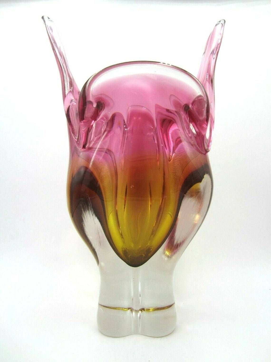 Mid Century Amber And Pink Art Glass Chribska Sommerso Large Cats Head Vase photo furniture