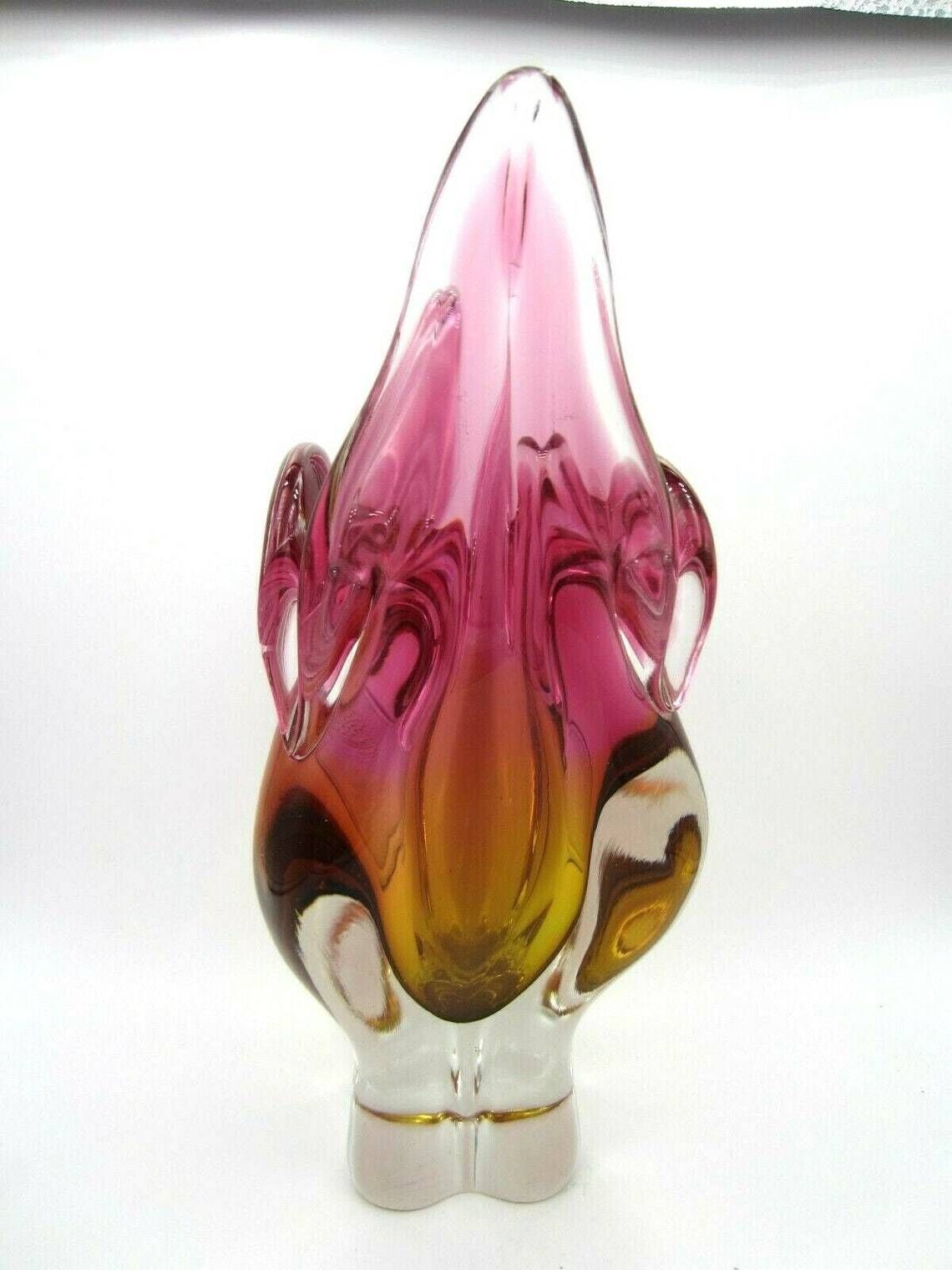 Mid Century Amber And Pink Art Glass Chribska Sommerso Large Cats Head Vase photo Home Decor