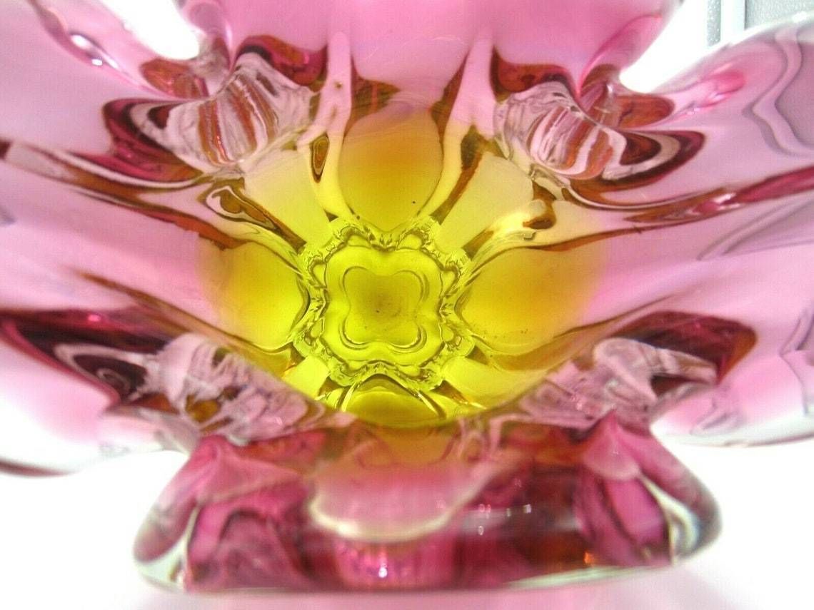 Mid Century Amber And Pink Art Glass Chribska Sommerso Large Cats Head Vase photo vintage