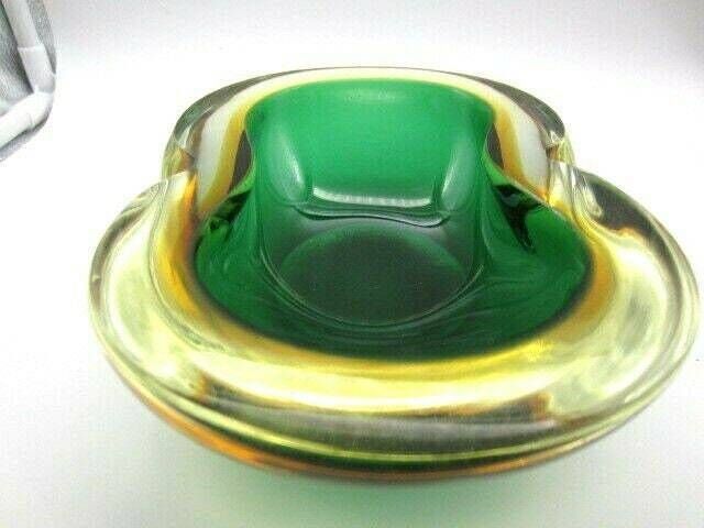 Rare Xxl Poli Seguso Era Murano 1.6kg Art Glass Geode Bowl Sommerso Green And Amber photo Home Decor